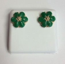 14K REAL YELLOW GOLD Chinese Jade Flower Design Stud EARRINGS 2.4g