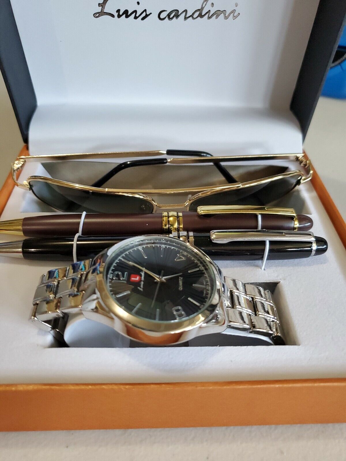 Luis Cardini Men's Big Face Watch, 2 pens & Aviator Sunglasses Set NEW!