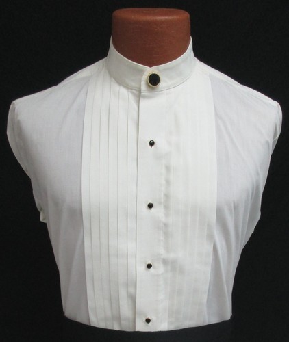 Boys Size Ivory Banded Mandarin Collar Pleated Front Tuxedo Shirt & Button Cover