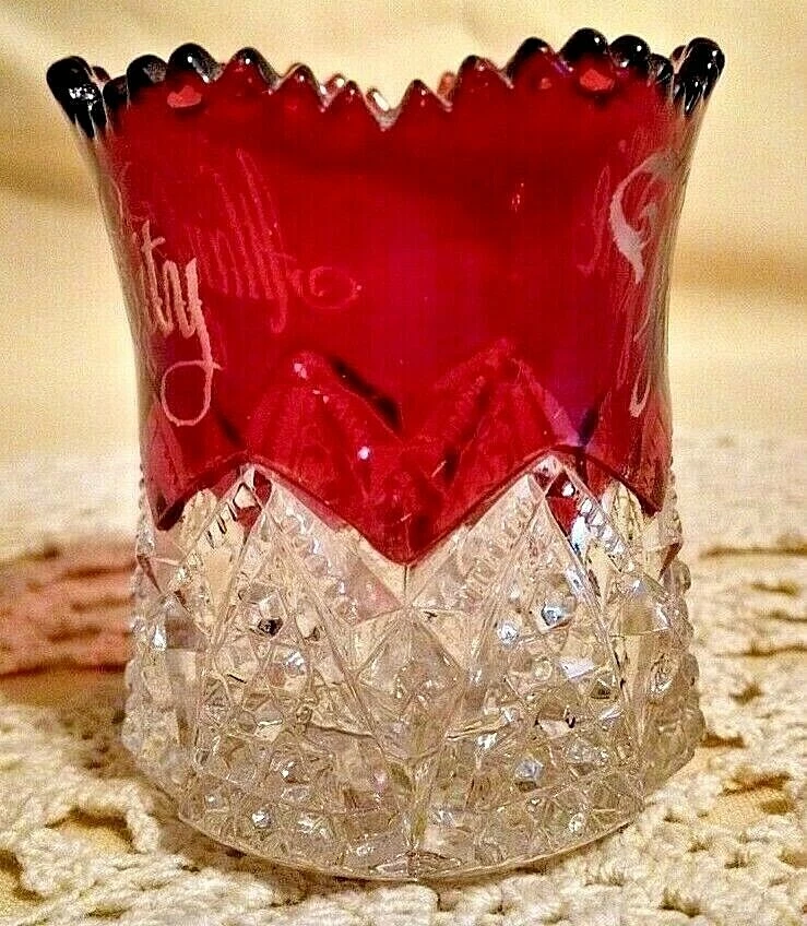 EAPG Ruby Flash Stain Souvenir Toothpick Holder Glass Atlantic City 1898 Red - Image 2 of 4