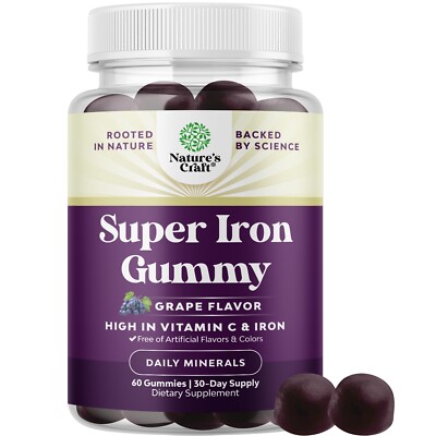 Extra Strength Iron Gummies for Women and Men - Potent 45mg per Serving 60ct