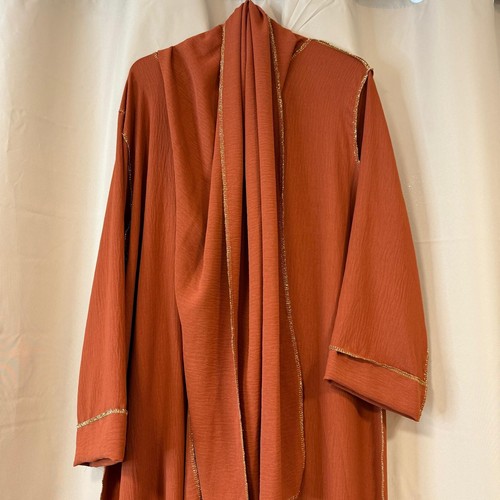 Ladies Gold Trim Dubai Abaya With Scarf Muslim Ramadan Prayer Long Maxi Dress - Picture 22 of 22