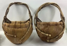 2-Piece Vintage Wall Hanging Rustic Folk Art Woven Husk Baskets 11"x15"