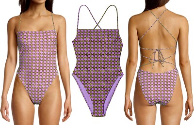 Tory Burch 3D Checkered Logo Lilac Tie Back One Piece Swimsuit L