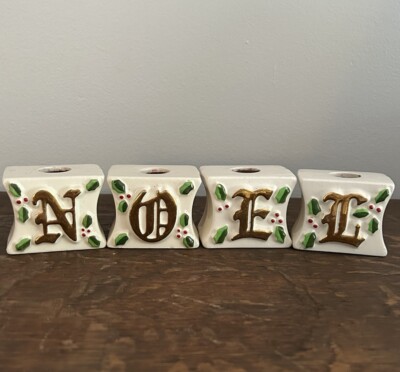 O Henry NOEL  Candle Holders 1979 Christmas Holiday Ceramic Holly Leaf Vintage