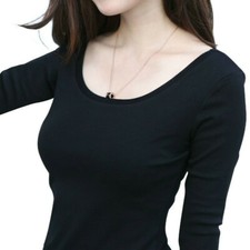 Women Cotton Base Layer Shirt Top Long Sleeve Scoop Neck Solid Skinny Tight Soft