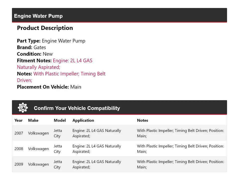 For 2007-2009 Volkswagen Jetta City Engine Water Pump Main Gates 2008 - Image 2 of 4