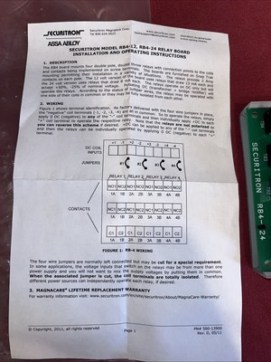 Securitron RB4-24 Relay Board With Instructions