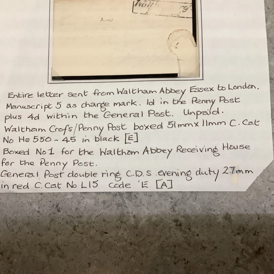 1828 boxed 2 line Waltham Cross  Penny Post in black on Crossride letter - Image 4 of 4