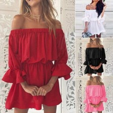 For Women Off Shoulder Ruffle Bardot Mini Dress Holiday Party Bodycon Dresses