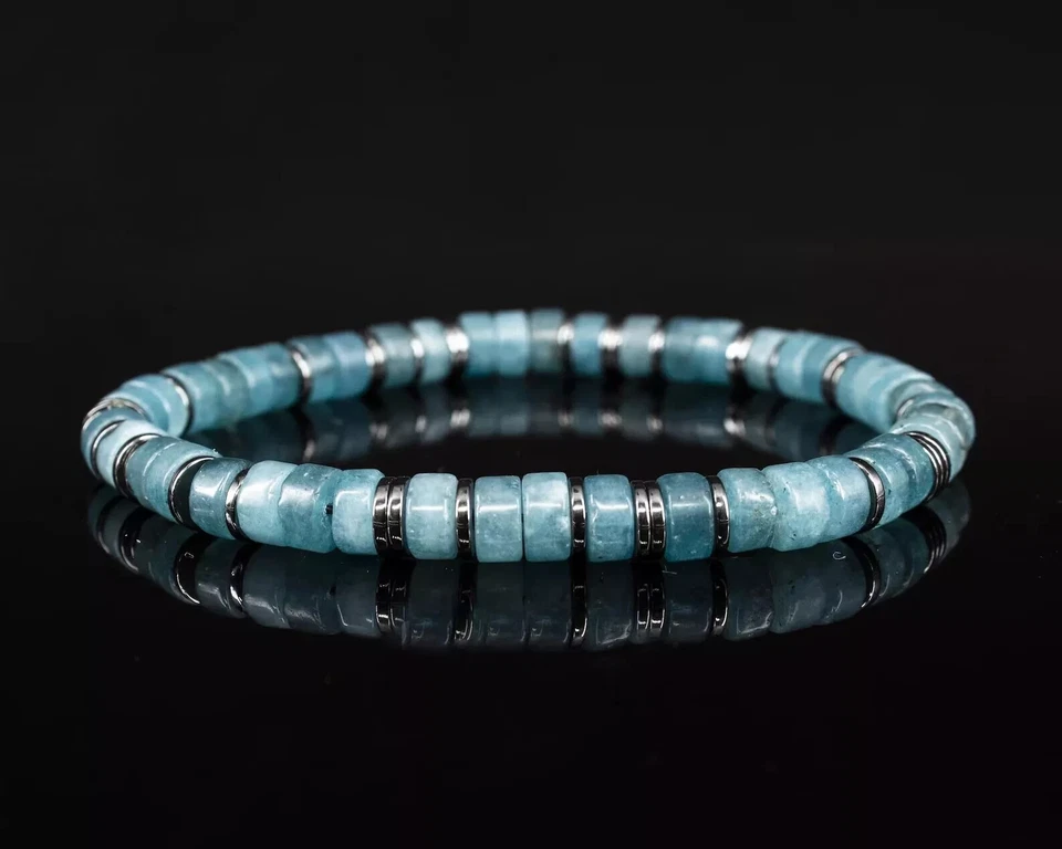 Pulseira feminina elástica genuína água-marinha hematita cristal frisado cura Reiki - Imagem 4 de 4