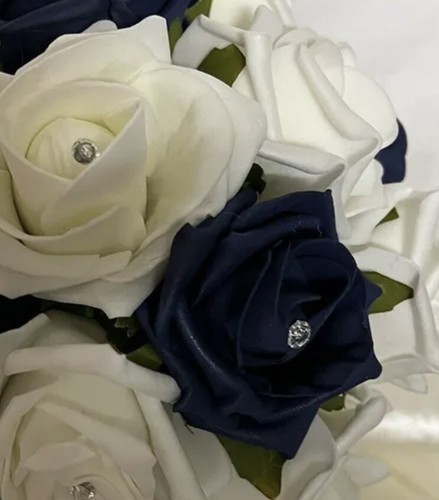 Bride Bridesmaid Posy Artificial wedding Flowers ivory & Navy Blue Diamanté New - Picture 7 of 8