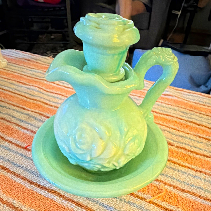 Avon Moonwind Green Glass Floral Rose Bottle w/ Stopper & Dish 6 fl oz