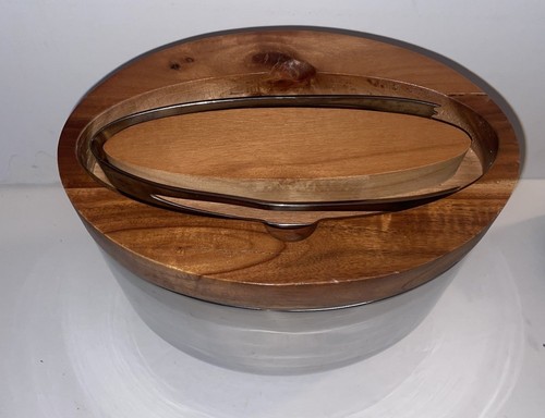 Nambe Mikko Metal Alloy Oval Ice Bucket With Acacia Wood lid & tongs - Picture 5 of 9