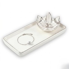 Ceramic Jewelry Dish - Flower Ring Holder and Rectangular Trinket Tray, Jewel...