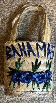 Vtg Mini Purse Straw Raffia  Woven lined Bag 3D Island Blue Flowers Bahamas