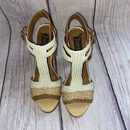 JUICY COUTURE Womens Sandals 7 CHRISTA 2 White Natural Caramel Designer Heel - Picture 4 of 15