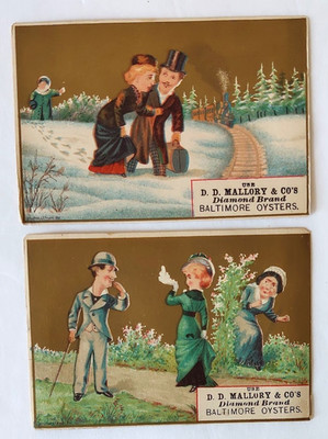 PR c 1887 DIAMOND BRAND BALTIMORE OYSTERS TRADE CARDS Couple Flirting Eloping