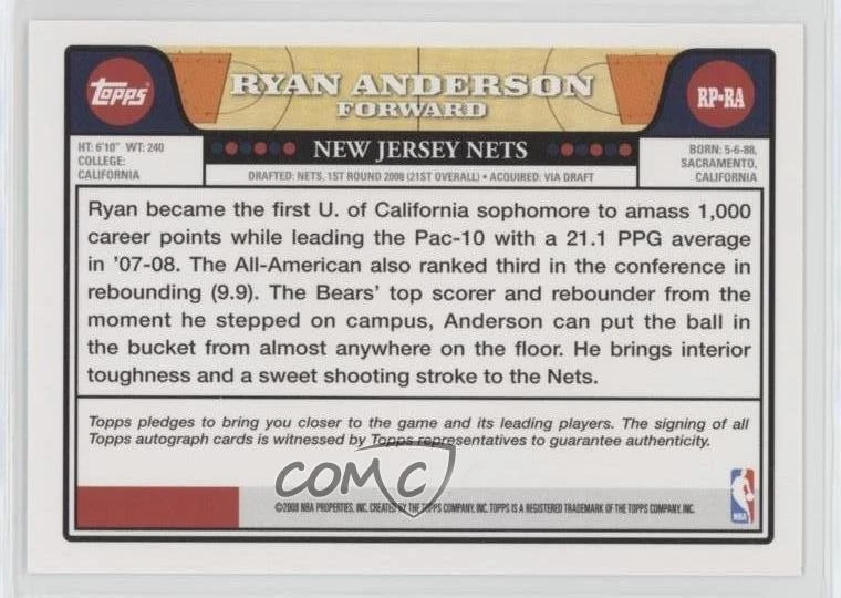 2008-09 Topps Rookie Premiere Certified Auto Ryan Anderson #RP-RA Auto RC - Image 2 of 2