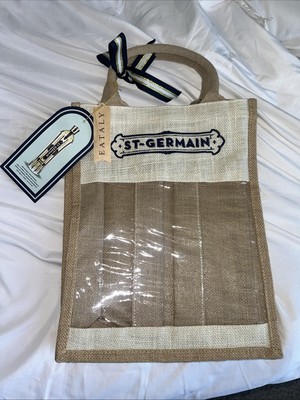 St-Germain x Eataly 3 Bottle Wine Tote Bag Jute Burlap Clear Front New With Tag