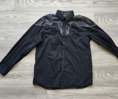 Rock Roll n Soul Black Western Pearl Snap Shirt Mens Size XL Gold Roses