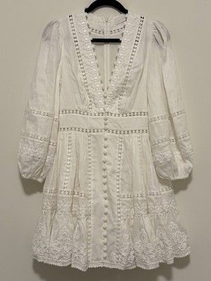 Zimmermann Size 1 Ivory Pop Trimmed Mini Dress Linen Lace Embroidered Designer