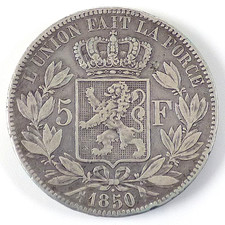 5 Francs, Leopold I, Silber, 1850, Belgien (1332)