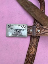 Vintage Hand-Tooled Leather Western Belt w/ Roadrunner Buckle Thunderbird Design