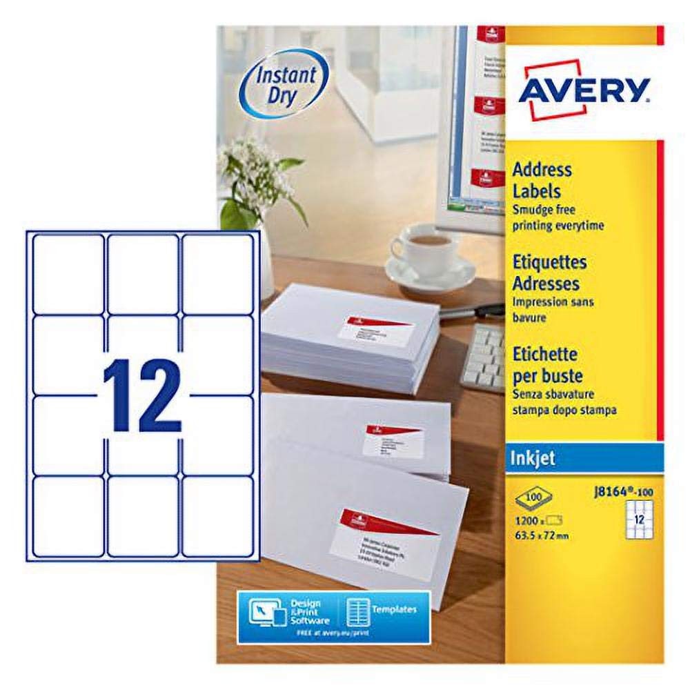 Avery Self Adhesive Address Mailing Labels, Inkjet Printers, 12 Labels per A4 Sh
