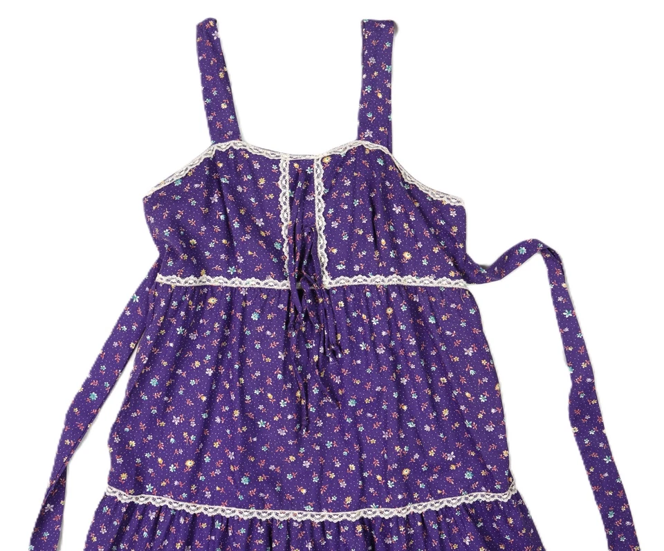 VTG 70s 10 M Cottage Core Prairie Ditzy Floral Print Midi Lace Sleeveless Dress - Image 3 of 4