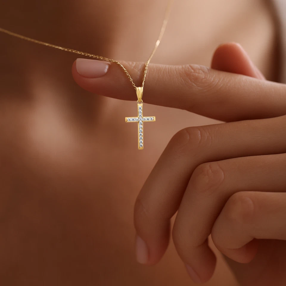 14K реальный твердого желтого золота изящный крест христианский CZ подвеска ожерелье 18 дюймов - Изображение 3 из 4