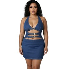 NWT Fashion Nova Denim Mini Dress 1X Blue Halter Cutout w Buckles Sexy Bodycon