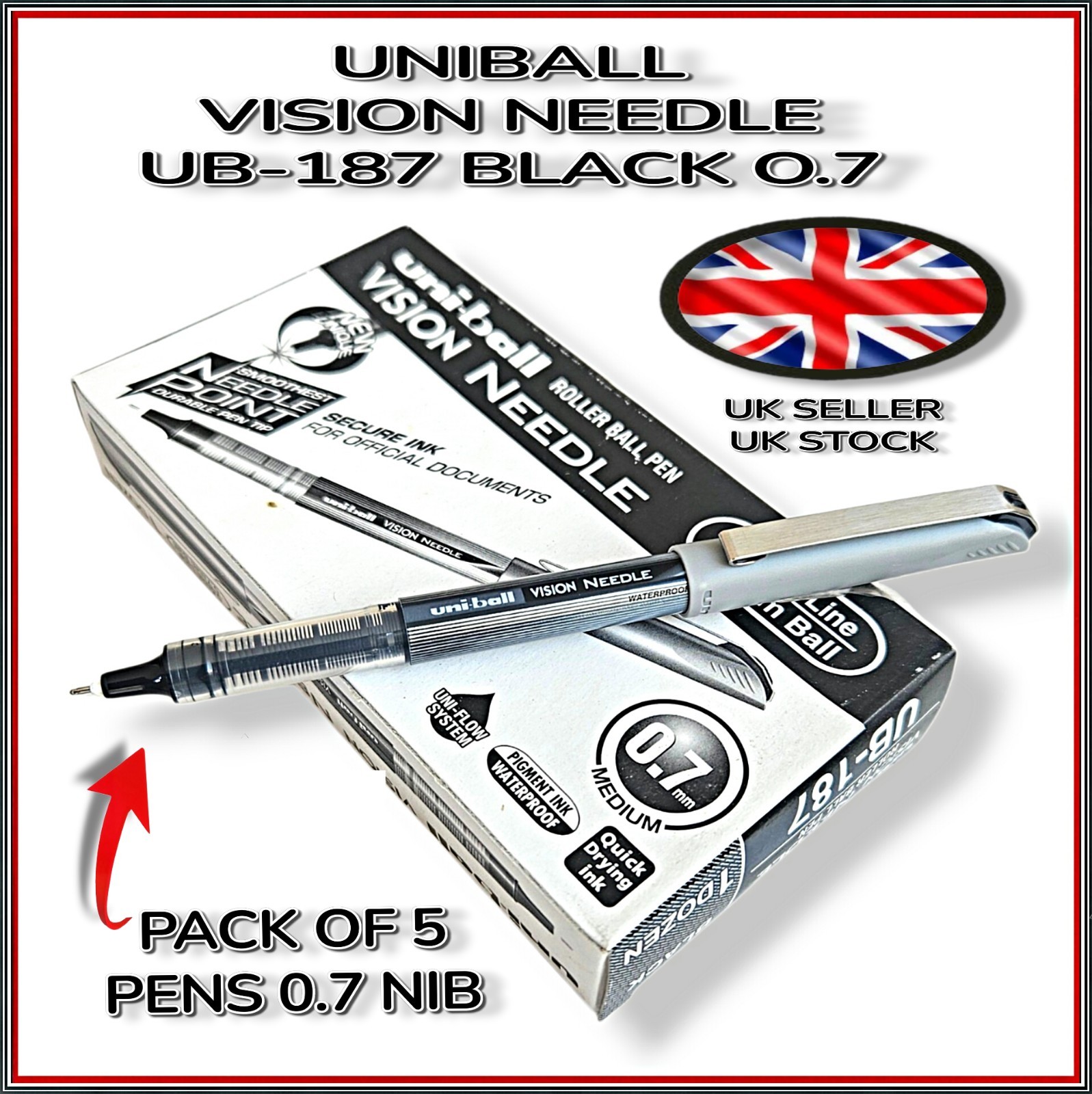 Uni Ball UB-187 Vision Needle 0.7 x 5 Pens Designer Black Rollerball  Fine 0.7mm