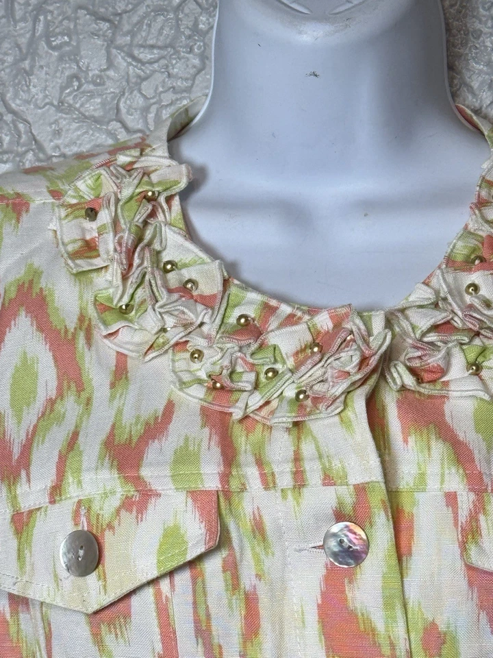 Ruby Rd. Jacket Women's Size 10 Green Pink Print Ruffle Beaded Collar Linen - Image 4 of 4