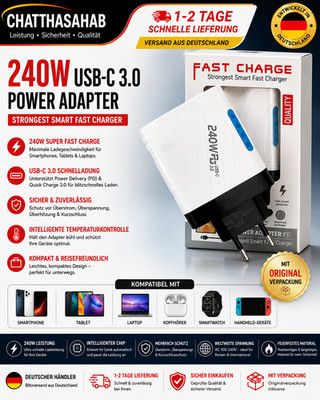 240W GaN Schnellladegerät 5-Port | 2x USB-C PD + 3x USB-A QC3.0 | Universal Netz