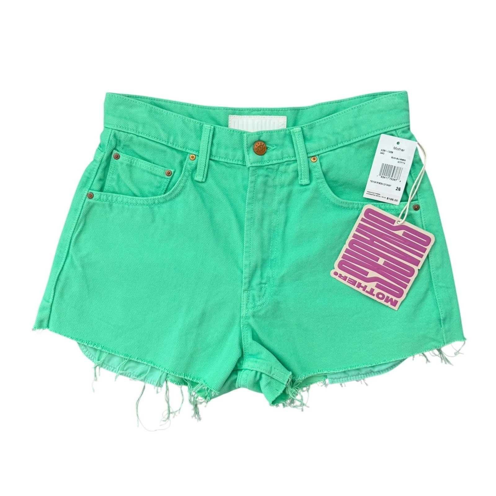 MOTHER SNACKS The Fun Dip Short Summer Green High Rise Denim Cutoff Shorts 26