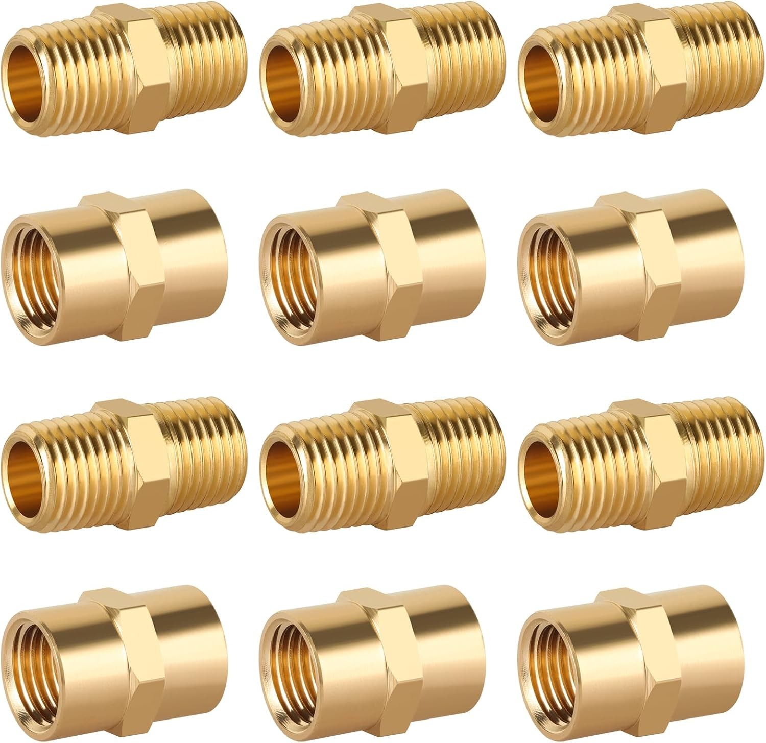 KOOTANS 12pcs Brass Pipe Fitting, NPT Hex Nipple, 1/4 NPT, Male & Female 