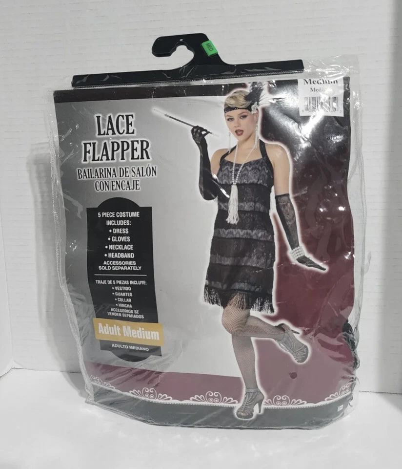 Vestido Flapper de Renda Preto Vestido Flapper Adulto Anos 20 Fantasia Halloween Vestido Extravagante Tamanho M - Imagem 4 de 4