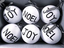 Shatterproof Ornaments Holiday Time Set Of 6 Matte White Black Joy Noel New
