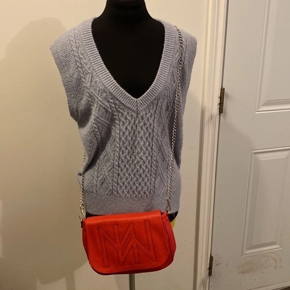 Miche Red Leather Chain Link Cross Body Shoulder Bag Purse Women’s Plaid Lining - Image 2 of 4