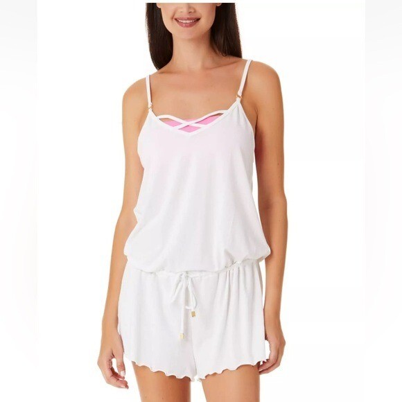 NWT CALIFORNIA WAVES Tie Waist Knit Swim Cover Up Romper White Size L