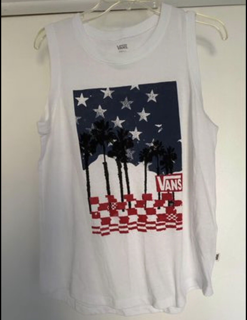 Print Vans Mens Vest Top NWT Vans Sleeveless White Palm Glitch