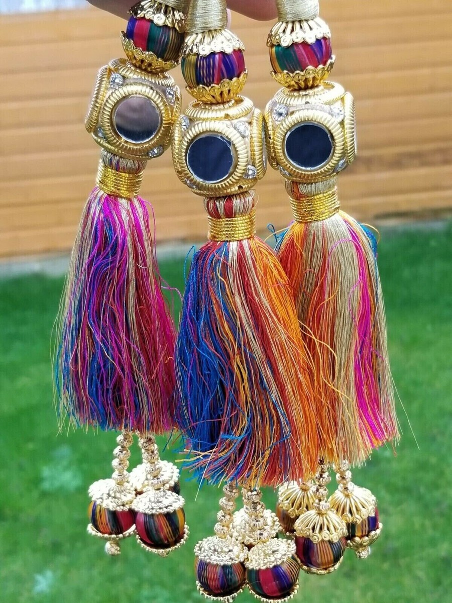 Handmade Paranda Hair Extension with Mirror Golden Ball Tassels Indian Punjabi Traditional Long Gold Paranda Parandi Braid  main image 4