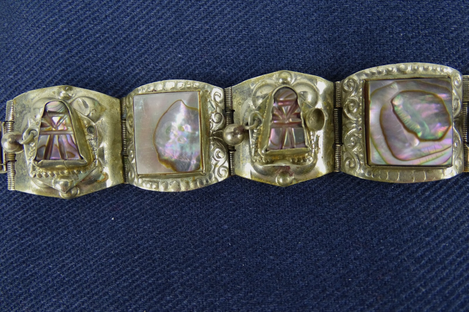 Abalone Shell Panel Bracelet clasp marked Taxco 9… - image 2