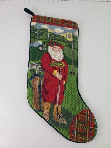 Vintage Christmas Stocking Needlepoint Wool Santa Golfing Velvet Back Holiday