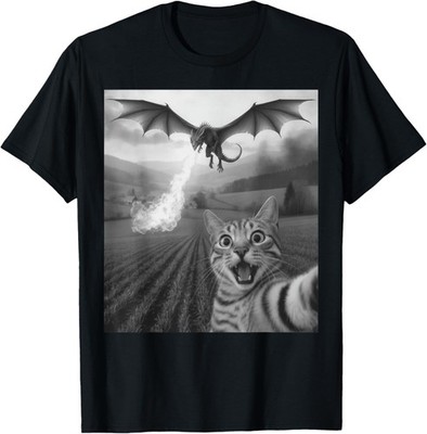 Funny Cat Selfie with Dragon Kawaii Fantasy Creature Art T-Shirt unisex Tee