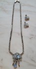 Vintage Leo Glass Art Deco Rhinestone Necklace Earrings Blue Moonglow Stone Set — photo 1