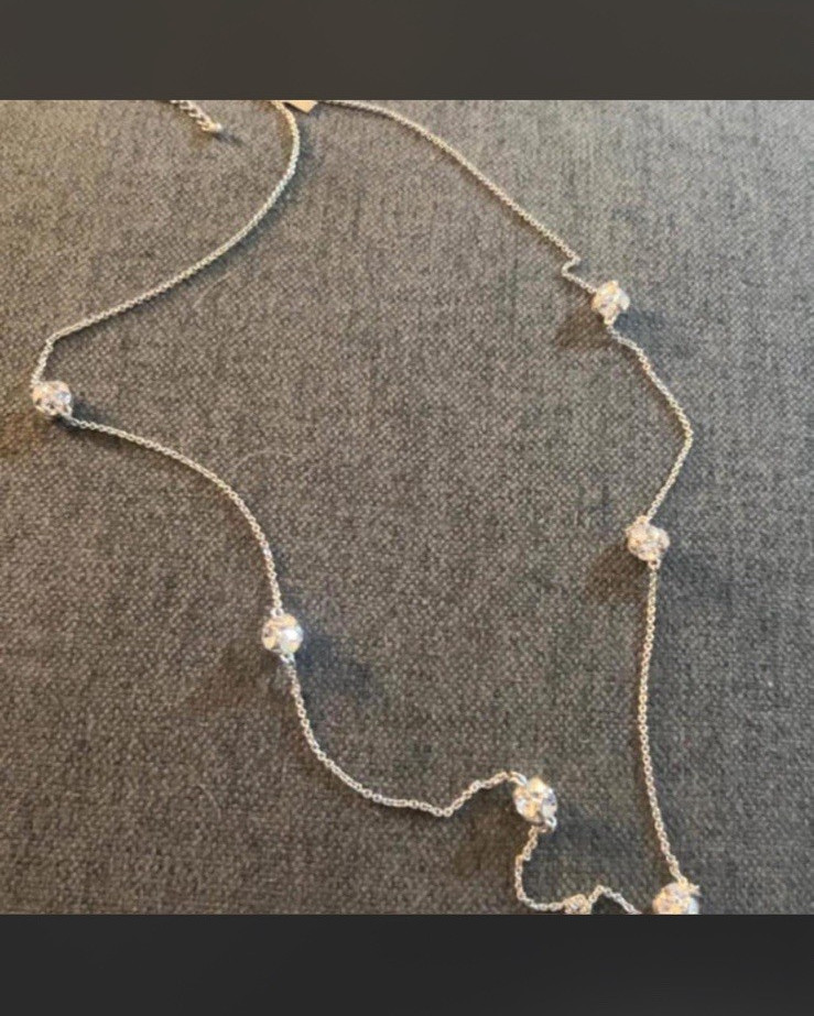 Kate Spade Signed Silver Tone Crystal Station Cable Chain Necklace Lobster