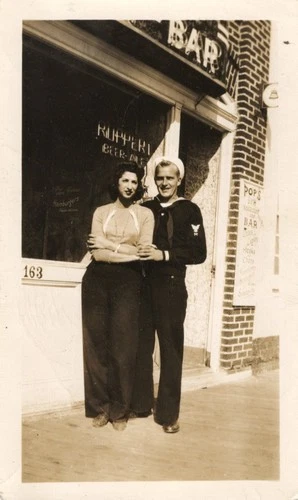 Vtg 1940's B&W Snapshot Photo Of WW2 Sailor W/ Woman Girlfriend In Front Of Bar
