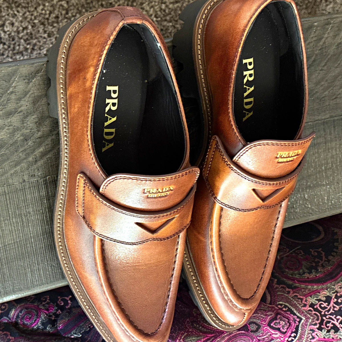 PRADA•Men’s Dark Brown Polished Leather Penny Loafers Square Toe Size 10 Italy Prada Men main image 3